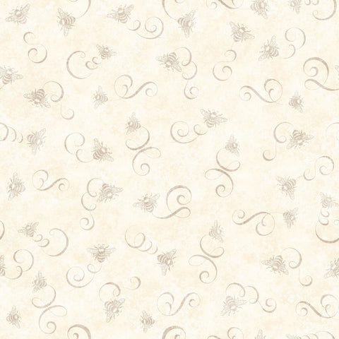 Queen Bee Bee & Scroll Toss 30489 Cream E - by QT Fabrics - Small Bees Swirls - Quilting Cotton Fabric