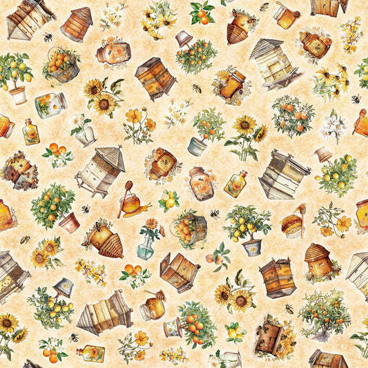 DEAL MINKY Queen Bee Bee Hive & Plant Toss 60" Wide 30485 Light Tan - QT Fabrics - Floral Flowers Bees Fruit Beehives - 100% Polyester