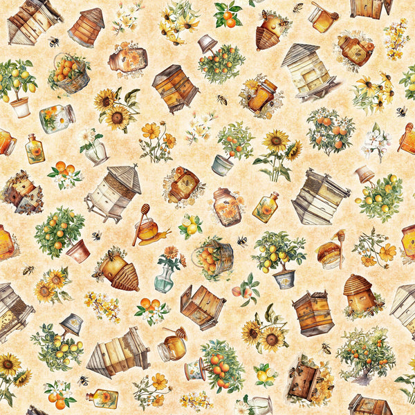 SALE MINKY Queen Bee Bee Hive & Plant Toss 60" Wide 30485 Light Tan - QT Fabrics - Floral Flowers Bees Fruit Beehives - 100% Polyester