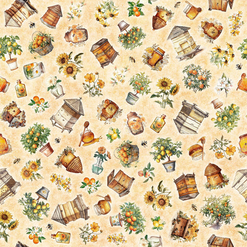 SALE MINKY Queen Bee Bee Hive & Plant Toss 60" Wide 30485 Light Tan - QT Fabrics - Floral Flowers Bees Fruit Beehives - 100% Polyester
