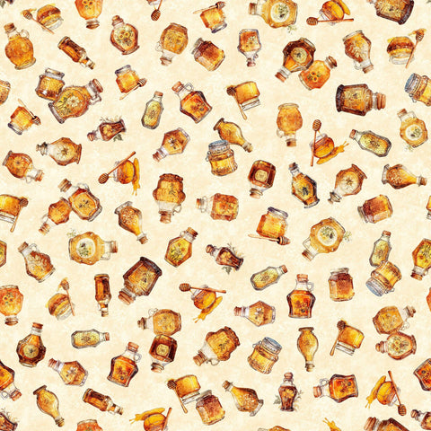 SALE MINKY Queen Bee Honey Bottles 60" Wide 30486 Cream - QT Fabrics - Jars Flowers Floral - 100% Polyester