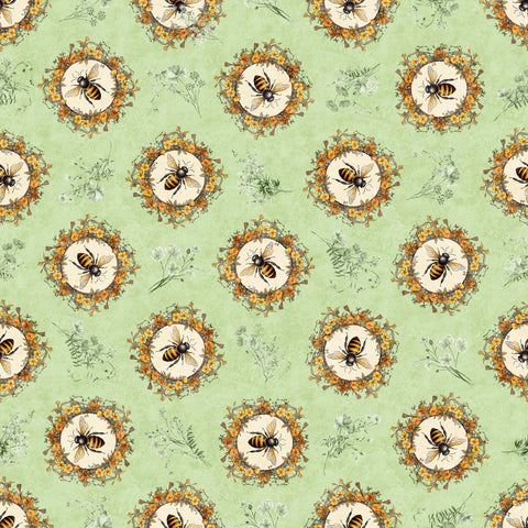 Queen Bee Bee Circle Vignette 30484 Light Sage H - by QT Fabrics - Vintage Flowers Floral - Quilting Cotton Fabric