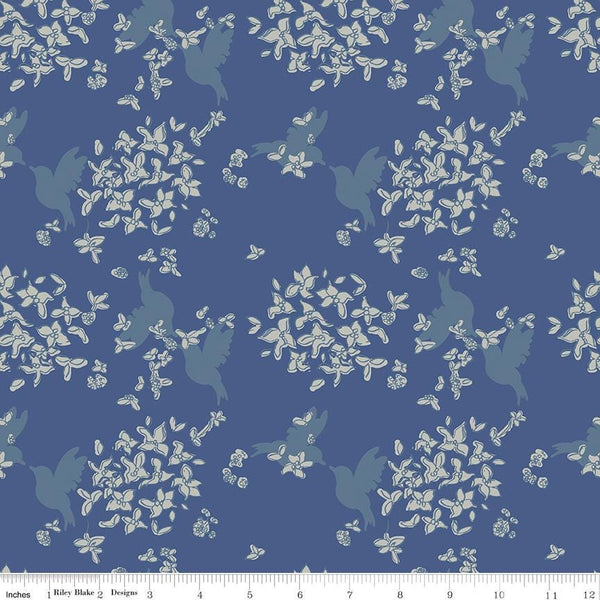 33" End of Bolt - SALE Water Mark Flower C11322 Blue - Riley Blake - Hummingbirds Bird Floral Flowers - Quilting Cotton Fabric