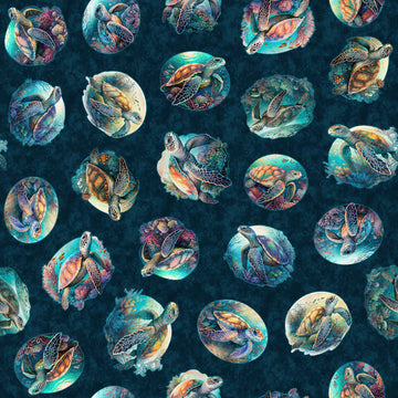 Fat Quarter End of Bolt - SALE Endless Blues Sea Turtle Circle Vignette 30043 Teal - QT Fabrics - Turtles - Quilting Cotton Fabric