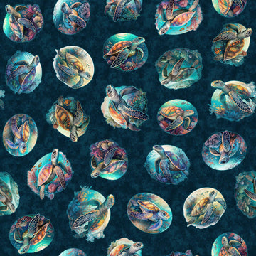 32" End of Bolt - SALE Endless Blues Sea Turtle Circle Vignette 30043 Teal - QT Fabrics - Turtles - Quilting Cotton Fabric
