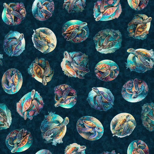 32" End of Bolt - DEAL Endless Blues Sea Turtle Circle Vignette 30043 Teal - - QT Fabrics - Turtles - Quilting Cotton Fabric