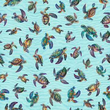 14" End of Bolt Piece - Endless Blues Sea Turtle Toss 30044 Aqua - by QT Fabrics - Turtles - Quilting Cotton Fabric