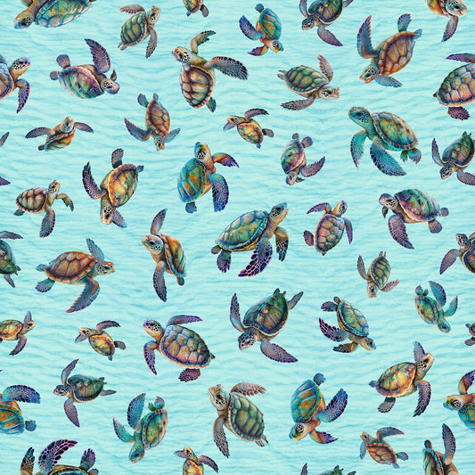 14" End of Bolt Piece - Endless Blues Sea Turtle Toss 30044 Aqua - by QT Fabrics - Turtles - Quilting Cotton Fabric