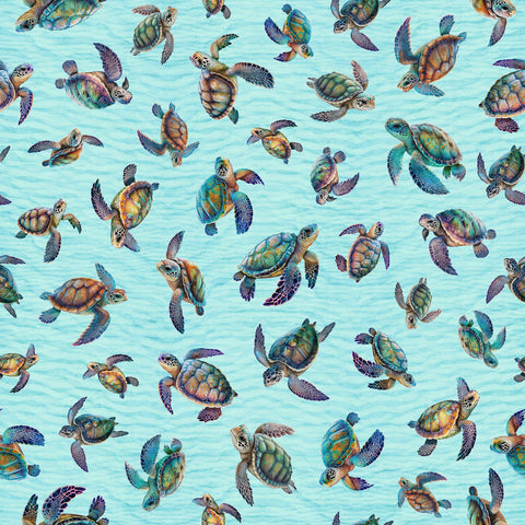 Endless Blues Sea Turtle Toss 30044 Aqua - by QT Fabrics - Turtles - Quilting Cotton Fabric