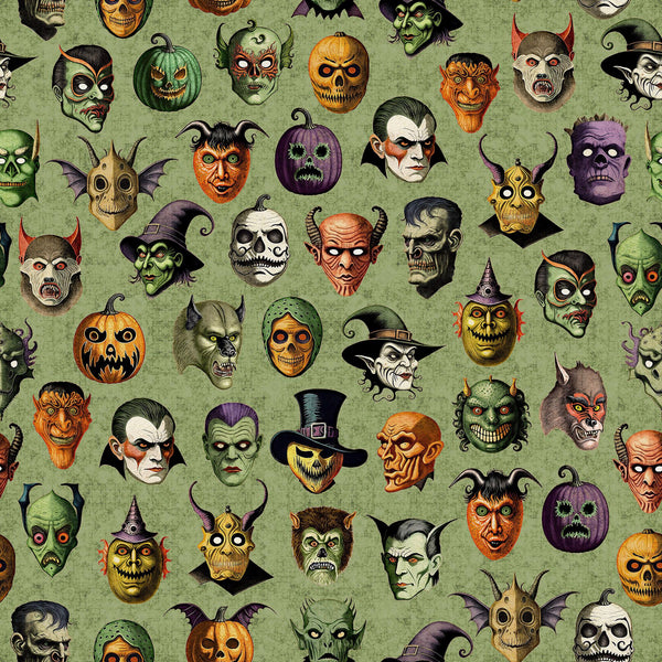 Creepsville Creepy Face Allover 30204 Sage H - by QT Fabrics - Halloween - Quilting Cotton Fabric