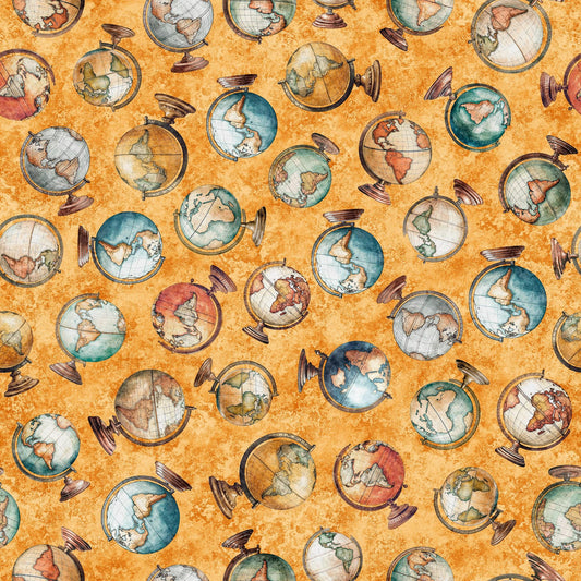 SALE Globetrotter Globes 30532 Apricot O - QT Fabrics - Quilting Cotton Fabric