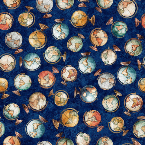 Globetrotter Globes 30532 Navy N - by QT Fabrics - Quilting Cotton Fabric
