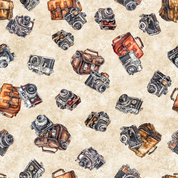 16" End of Bolt - Globetrotter Cameras 30533 Parchment E - QT Fabrics - Quilting Cotton Fabric