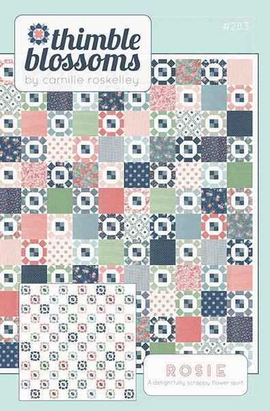 Image of the Rosie quilt pattern by Thimble Blossoms for Moda Fabrics. Features a square and flower pattern on a square quilt. 
Cute Little Fabric Shop