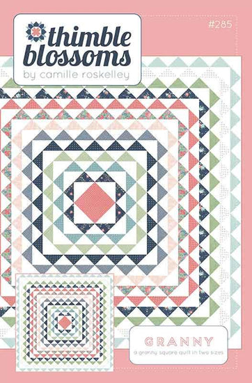 Image of the Granny quilt pattern by Thimble Blossoms for Moda Fabrics. Features concentric squares with triangles on a square quilt. 
Cute Little Fabric Shop