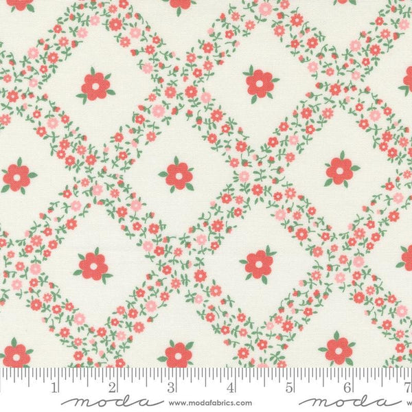 Image of the Rosemary Cottage Trellis Cream Strawberry quilting cotton fabric by Moda Fabrics. Features criss cross flowers on a cream background.
Cute Little Fabric Shop