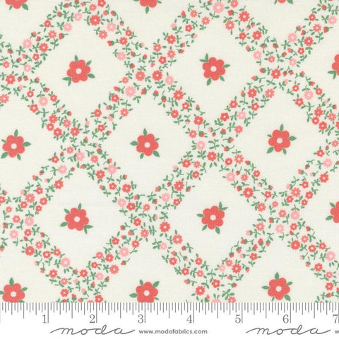 Image of the Rosemary Cottage Trellis Cream Strawberry quilting cotton fabric by Moda Fabrics. Features criss cross flowers on a cream background.
Cute Little Fabric Shop