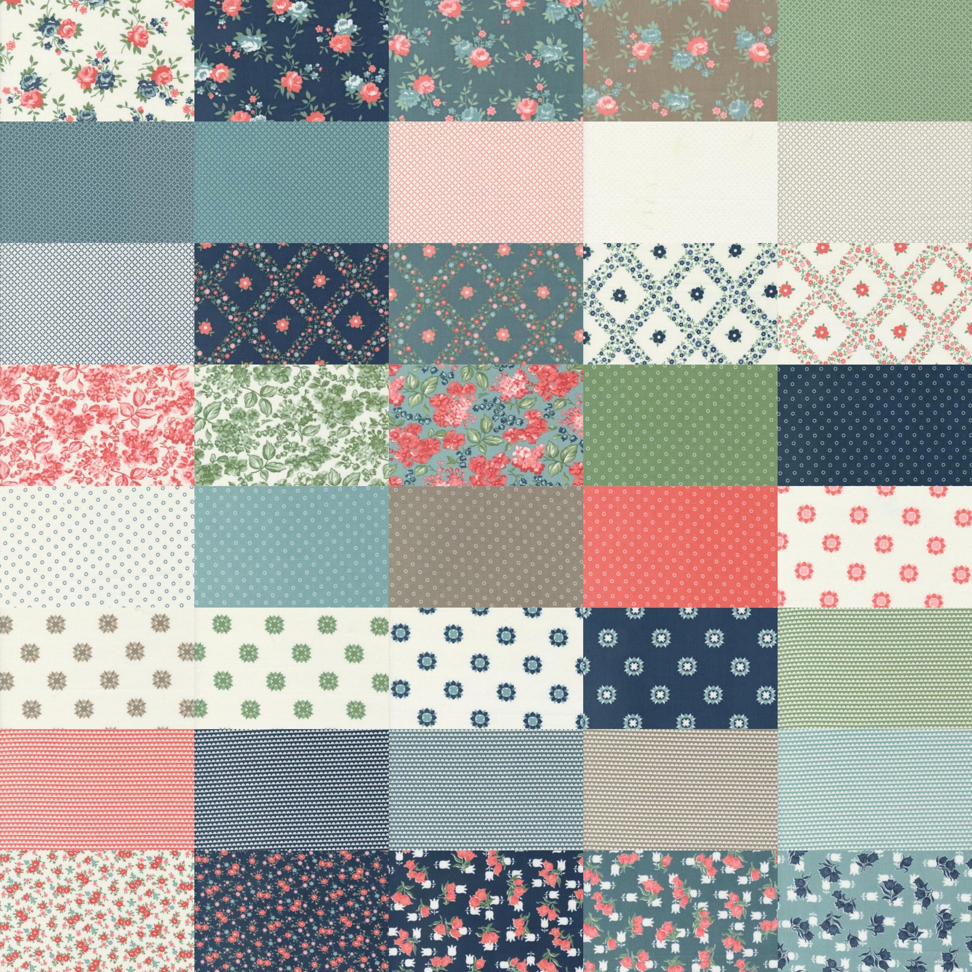 Image of the Rosemary Cottage 40 image collage. Features floral fabrics on blue, pink, and cream fabrics. 
Cute Little Fabric Shop