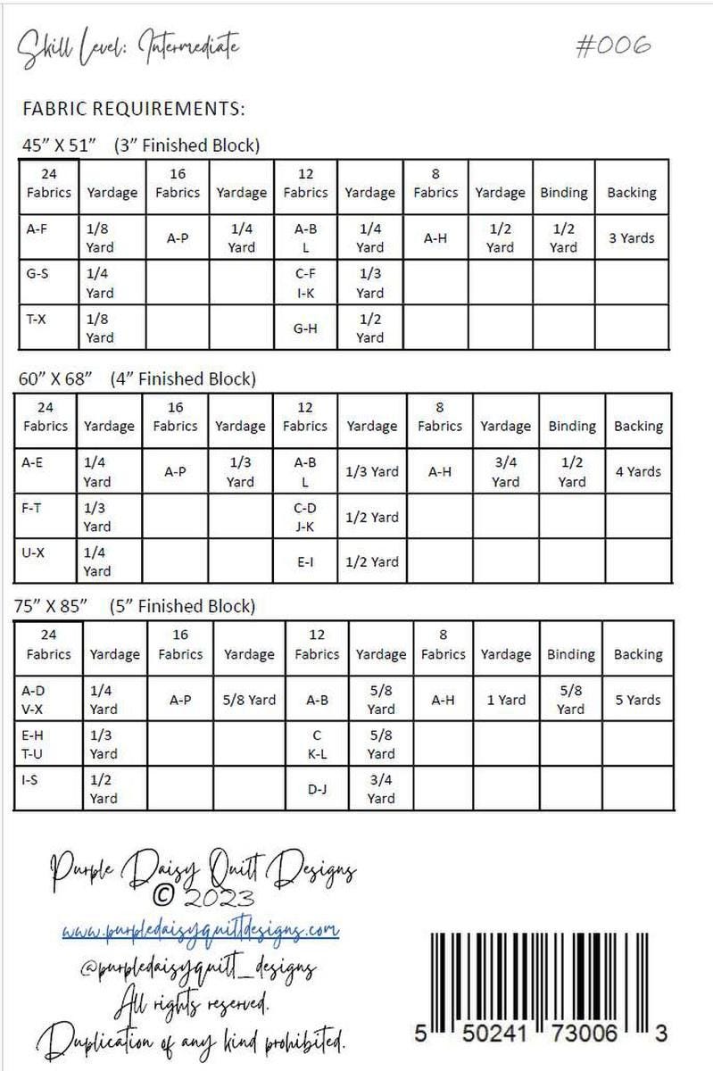 Image of the Kenzie Quilt Pattern by Purple Daisy Quilt Designs for Riley Blake Designs. Features the fabric requirements for the quilt in multiple sizes. 
Cute Little Fabric Shop