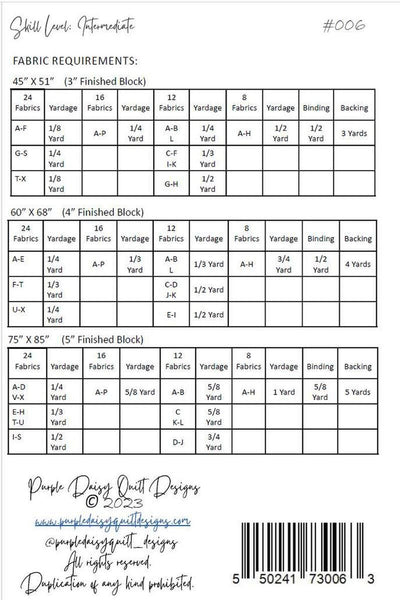 Image of the Kenzie Quilt Pattern by Purple Daisy Quilt Designs for Riley Blake Designs. Features the fabric requirements for the quilt in multiple sizes. 
Cute Little Fabric Shop