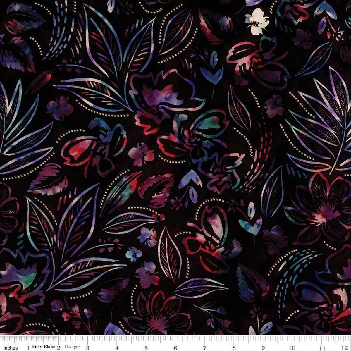 Image of the Expressions Batiks Chalk & Charcoal Dancing Lights Batik cotton fabric by Riley Blake Designs. Features leaves and flowers on a black background.
Cute Little Fabric Shop