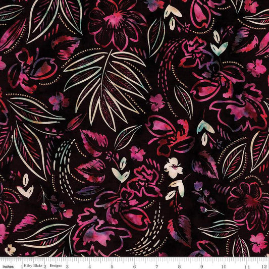 Image of the Expressions Batiks Chalk & Charcoal Black Cherry Chutney cotton fabric by Riley Blake Designs. Features pink leaves and flowers on a black background.
Cute Little Fabric Shop
