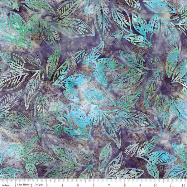 Image of the Expressions Batiks Chalk & Charcoal Smoky Teal cotton fabric by Riley Blake Designs. Features green and blue leaves on a purple and yellow background
Cute Little Fabric Shop