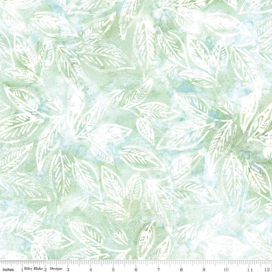 Image of the Expressions Batiks Chalk & Charcoal Seafoam cotton fabric by Riley Blake Designs. Features white leaves on a light green and blue background
Cute Little Fabric Shop