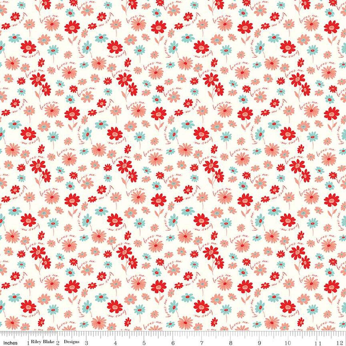 Image of the You & Me Loves Me Cream quilting cotton fabric by Sandy Gervais for Riley Blake Designs. Features flowers and text on a cream white background.
Cute Little Fabric Shop