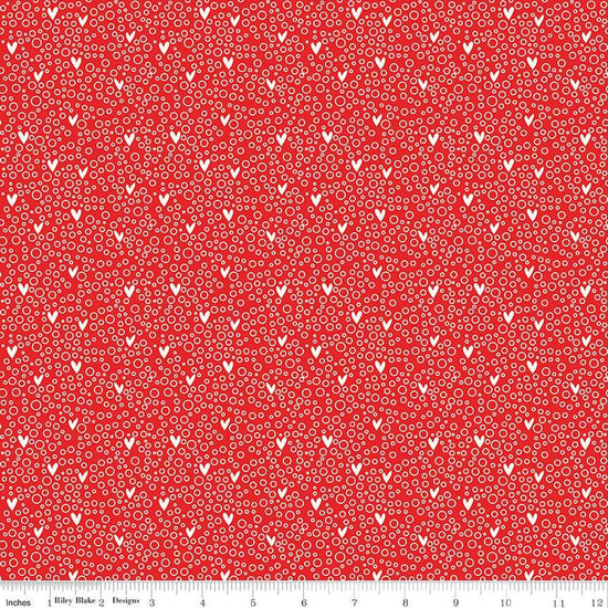 Image of the You & Me Dots Red quilting cotton fabric by Sandy Gervais for Riley Blake Designs. Features small hearts and circles on a red background.
Cute Little Fabric Shop