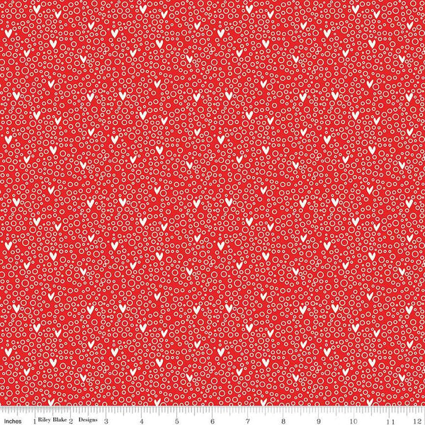 Image of the You & Me Dots Red quilting cotton fabric by Sandy Gervais for Riley Blake Designs. Features small hearts and circles on a red background.
Cute Little Fabric Shop