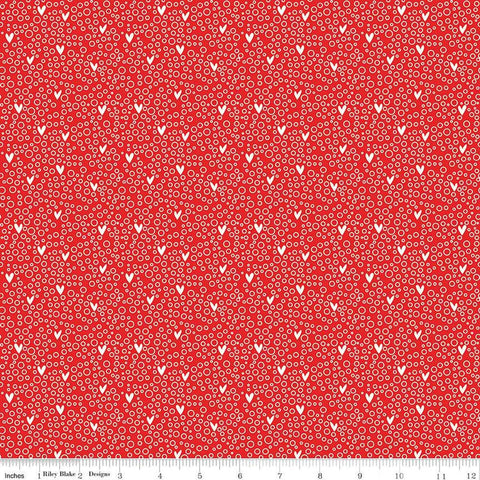 Image of the You & Me Dots Red quilting cotton fabric by Sandy Gervais for Riley Blake Designs. Features small hearts and circles on a red background.
Cute Little Fabric Shop