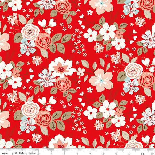 Image of the You & Me Main Red quilting cotton fabric by Sandy Gervais for Riley Blake Designs. Features clusters of flowers and leaves on a red background.
Cute Little Fabric Shop