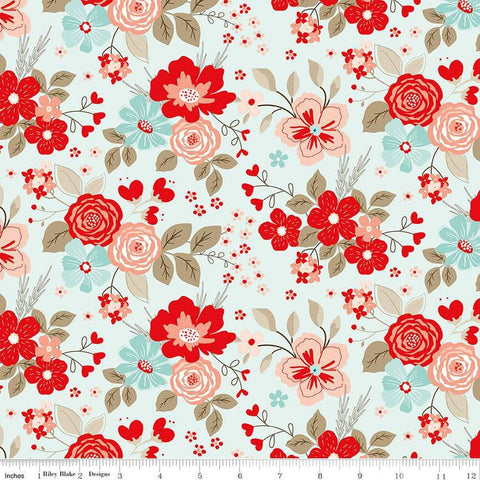 Image of the You & Me Main Mist quilting cotton fabric by Sandy Gervais for Riley Blake Designs. Features clusters of flowers and leaves on a light aqua background.
Cute Little Fabric Shop