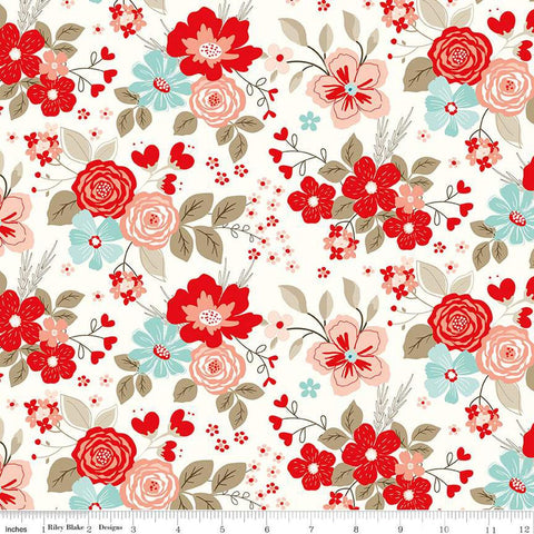 Image of the You & Me Main Cream quilting cotton fabric by Sandy Gervais for Riley Blake Designs. Features clusters of flowers and leaves on a cream white background.
Cute Little Fabric Shop