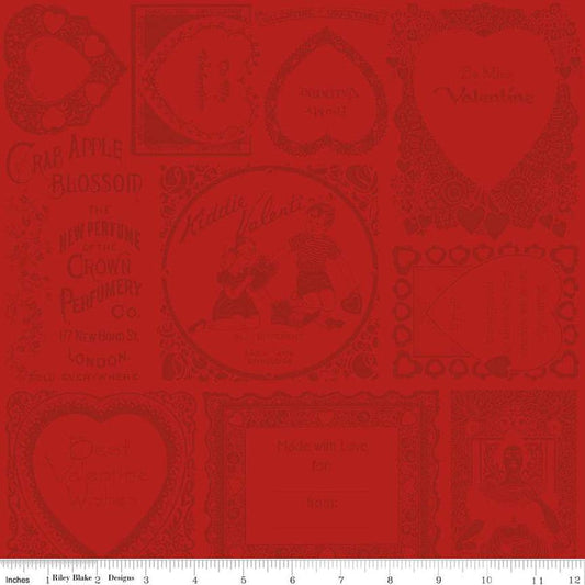Image of the Take Heart Frame Blender Red quilting cotton fabric by J. Wecker Frisch for Riley Blake Designs. Features tone-on-tone vintage valentine images and text on a red background.
Cute Little Fabric Shop