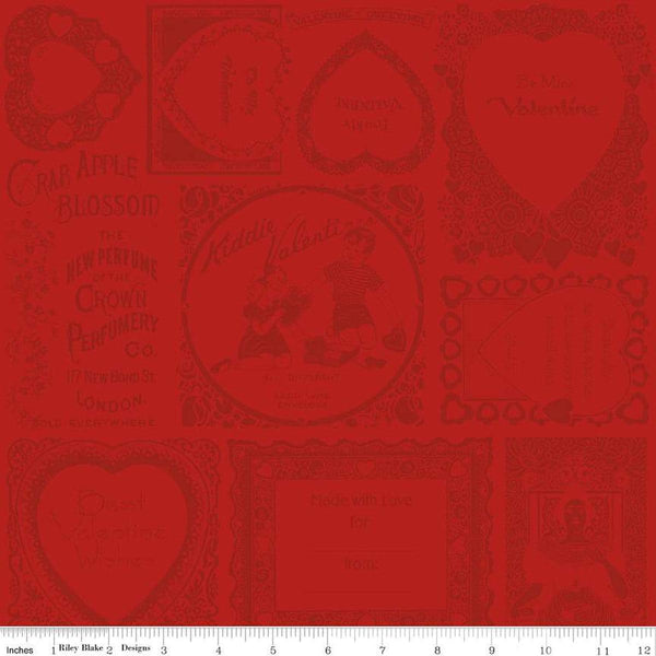 Image of the Take Heart Frame Blender Red quilting cotton fabric by J. Wecker Frisch for Riley Blake Designs. Features tone-on-tone vintage valentine images and text on a red background.
Cute Little Fabric Shop