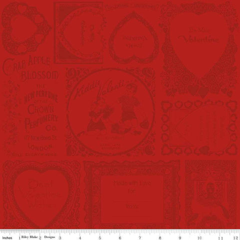 Image of the Take Heart Frame Blender Red quilting cotton fabric by J. Wecker Frisch for Riley Blake Designs. Features tone-on-tone vintage valentine images and text on a red background.
Cute Little Fabric Shop