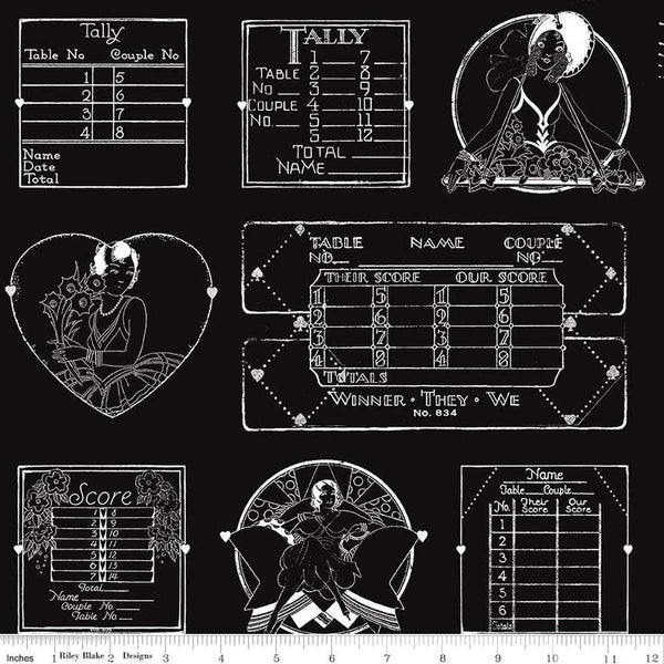 Image of the Take Heart Tally Card Linework Black
 quilting cotton fabric by J. Wecker Frisch for Riley Blake Designs. Features vintage valentine dance images on a black background.
Cute Little Fabric Shop