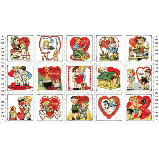 Image of the Take Heart Patch Panel quilting cotton fabric by J. Wecker Frisch for Riley Blake Designs. Features vintage patchwork valentines on a white background.
Cute Little Fabric Shop