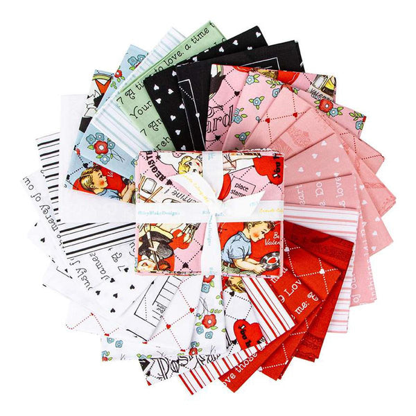 Image of the Take Heart Fat Quarter Bundle by J. Wecker Frisch for Riley Blake Designs. Features valentines day fabrics with red, pink, and cream backgrounds. 
Cute Little Fabric Shop