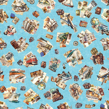 SALE Globetrotter Travel Icons Collage 30531 Blue B - QT Fabrics - Quilting Cotton Fabric