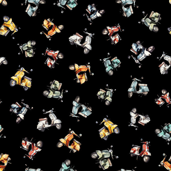 SALE Globetrotter Scooters 30534 Black J - by QT Fabrics - Quilting Cotton Fabric