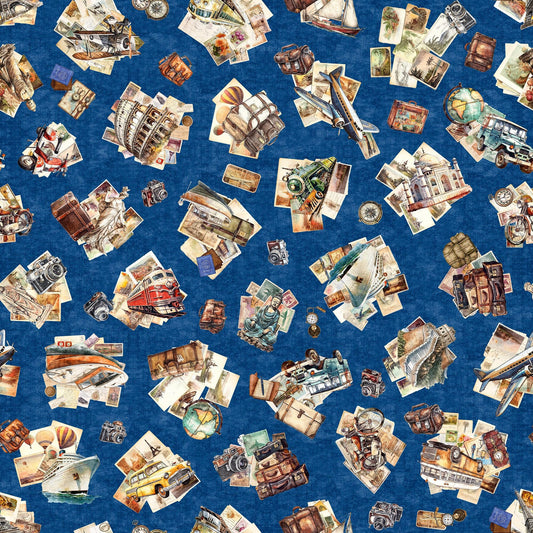 SALE Globetrotter Travel Icons Collage 30531 Denim W - QT Fabrics - Quilting Cotton Fabric