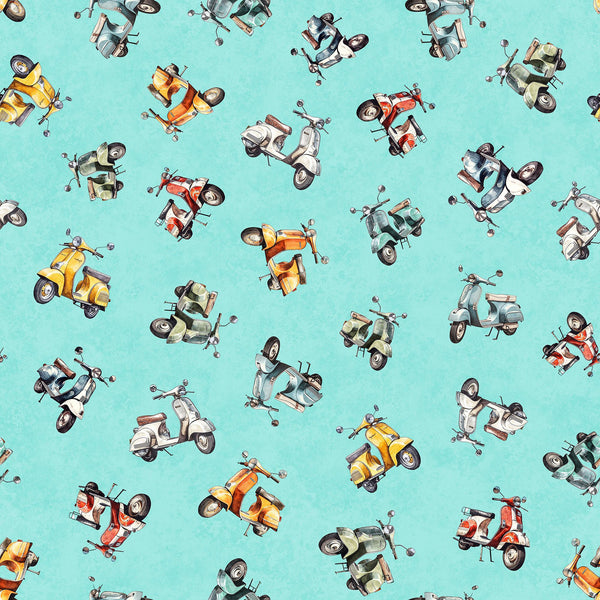 SALE Globetrotter Scooters 30534 Aqua Q - by QT Fabrics - Quilting Cotton Fabric