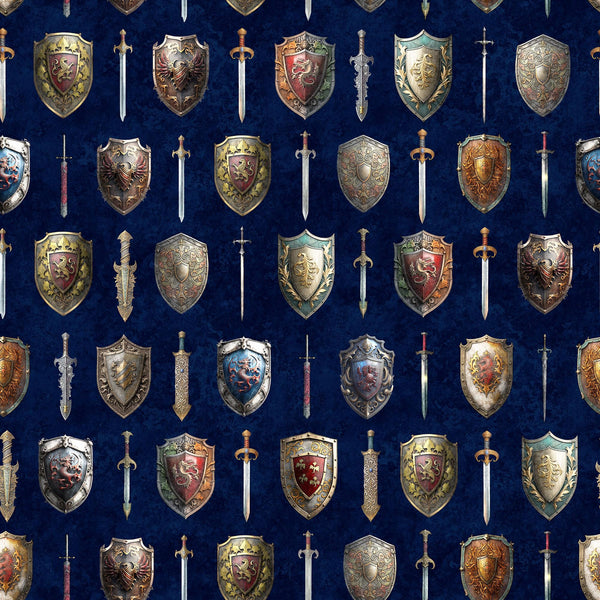 SALE Wizards and Warriors Swords and Shields 30241 Navy N - by QT Fabrics  - Quilting Cotton Fabric
