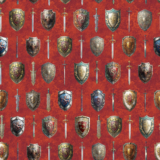 SALE Wizards and Warriors Swords and Shields 30241 Rust T - QT Fabrics  - Quilting Cotton Fabric