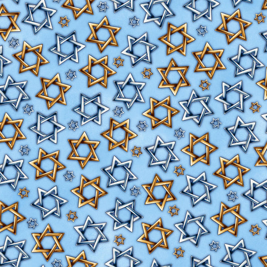 10" End of Bolt - SALE Hanukkah Festival Star of David Toss 30275 Blue B - by QT Fabrics - Quilting Cotton Fabric