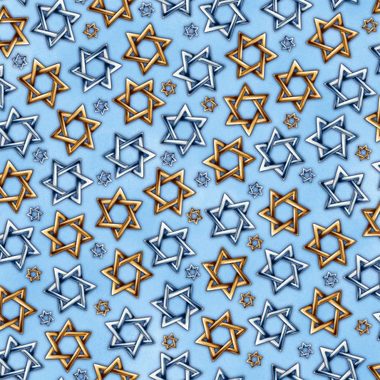 10" End of Bolt - SALE Hanukkah Festival Star of David Toss 30275 Blue B - by QT Fabrics - Quilting Cotton Fabric