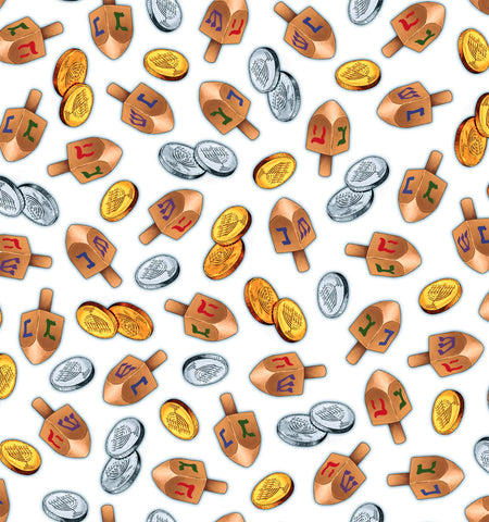 SALE Hanukkah Festival -Dreidels Toss 30274 White Z- by QT Fabrics - Quilting Cotton Fabric